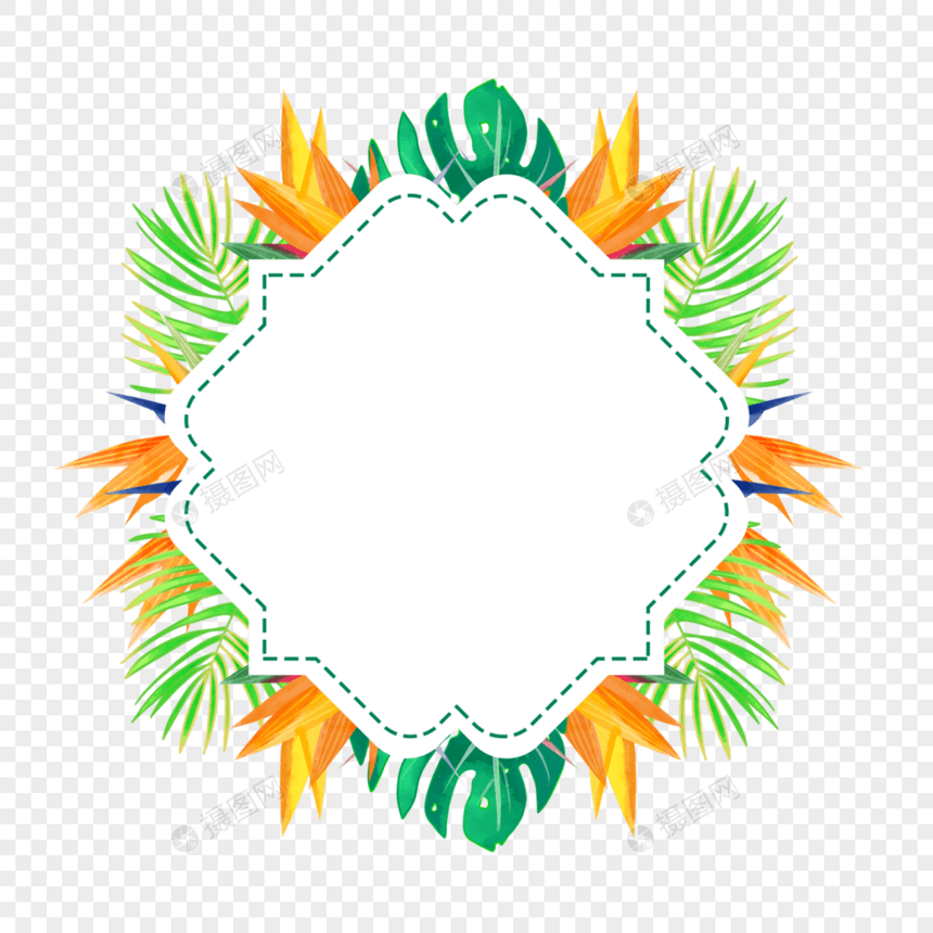 水彩热带树叶黄色鹤望兰边框图片