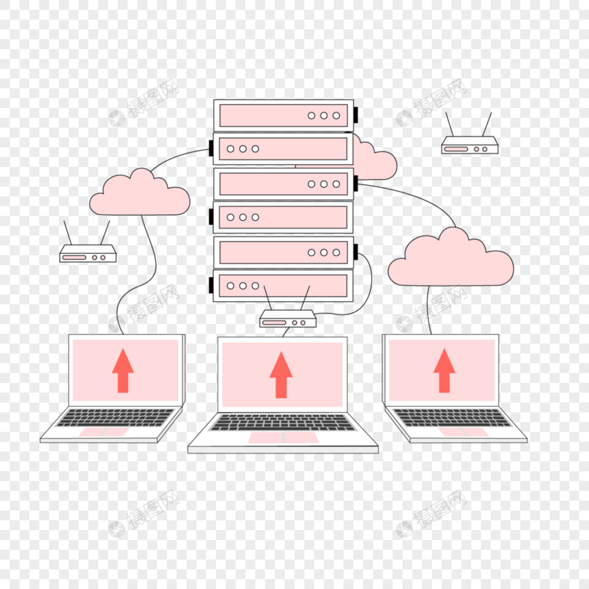 粉色的服务器和云端互联网云计算概念插图图片