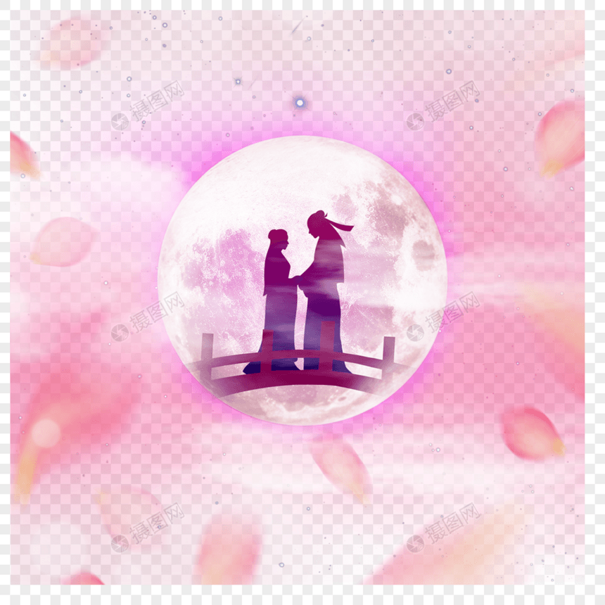 情侣剪影七夕月亮粉红花卉光效美图图片