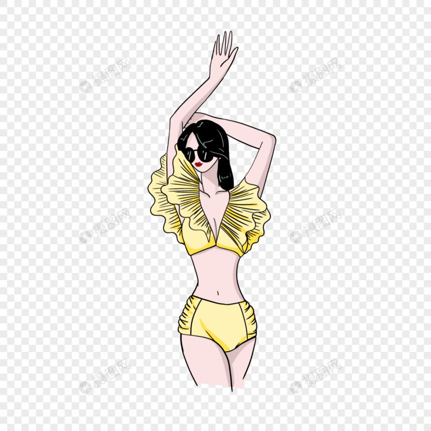 夏季穿黄色泳装女人图片