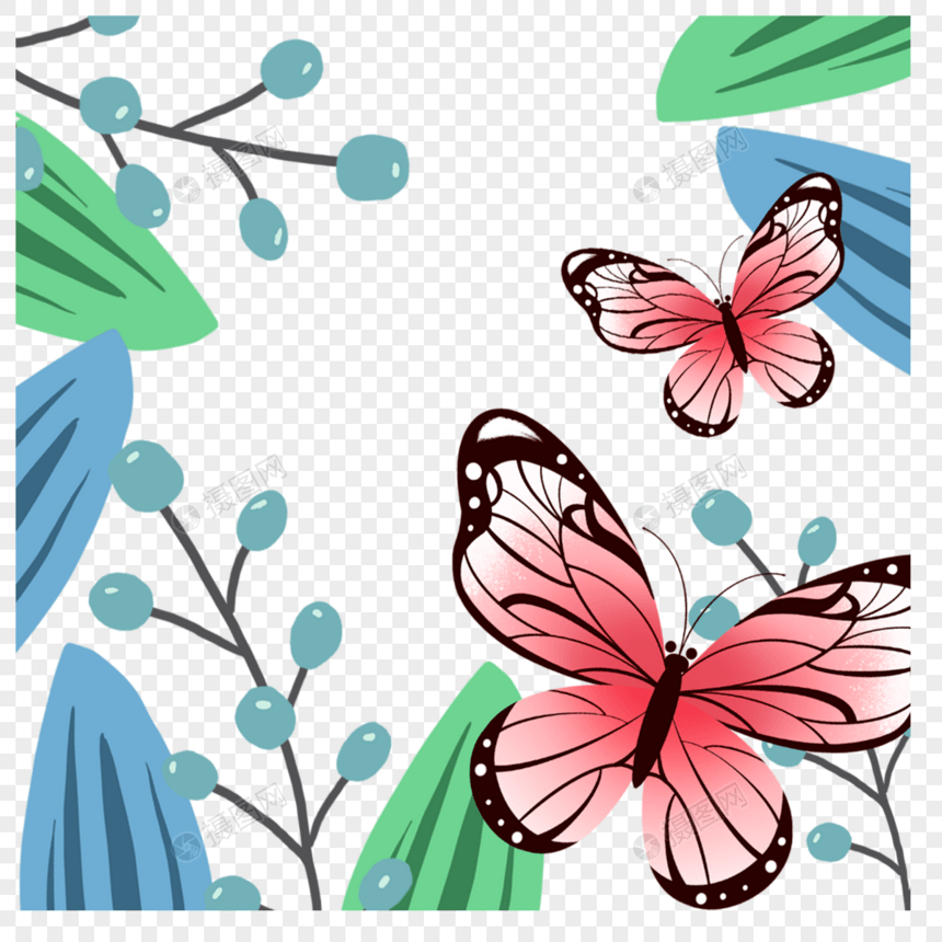 春季蝴蝶飘动叶子边框图片