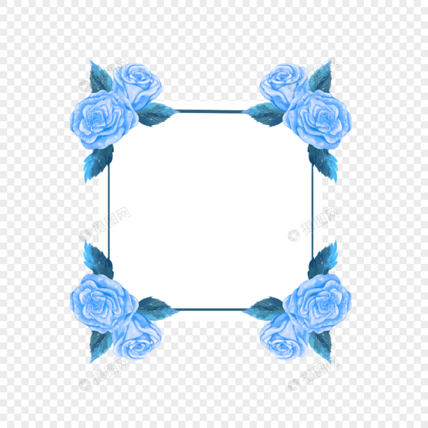 蓝色玫瑰婚礼边框水彩图片