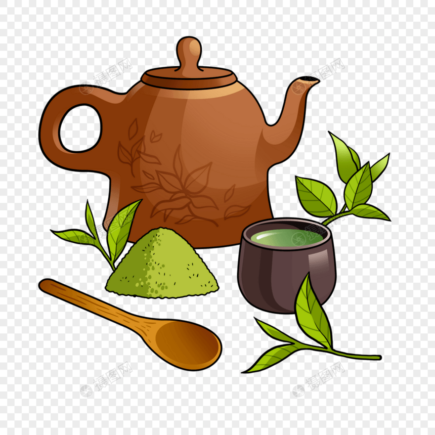 抹茶茶具插画风格棕色图片