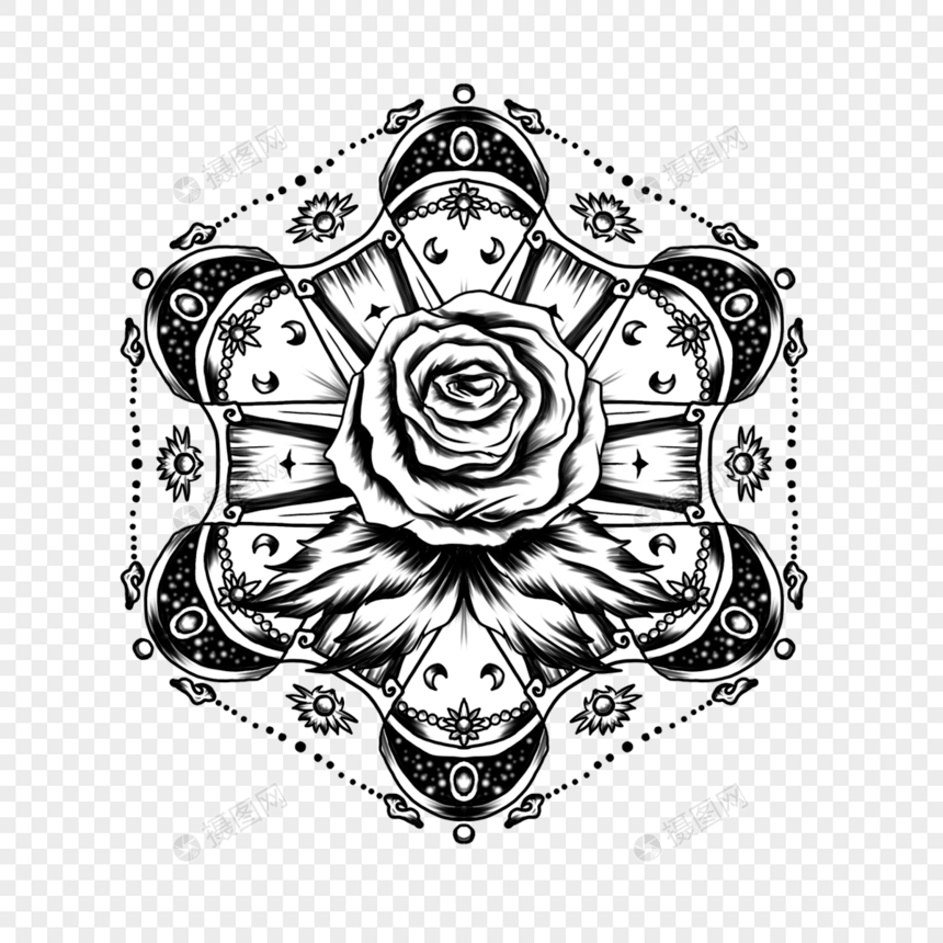 玫瑰花和神秘图案纹身复古风格黑白色图片