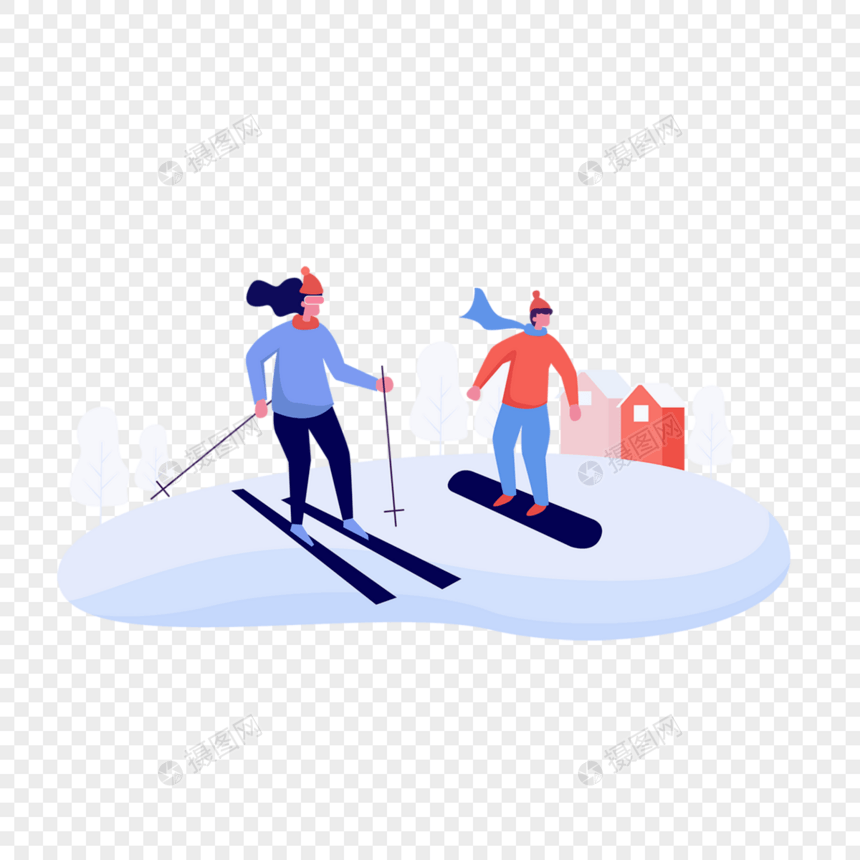 情侣雪地滑雪运动扁平风格插画图片