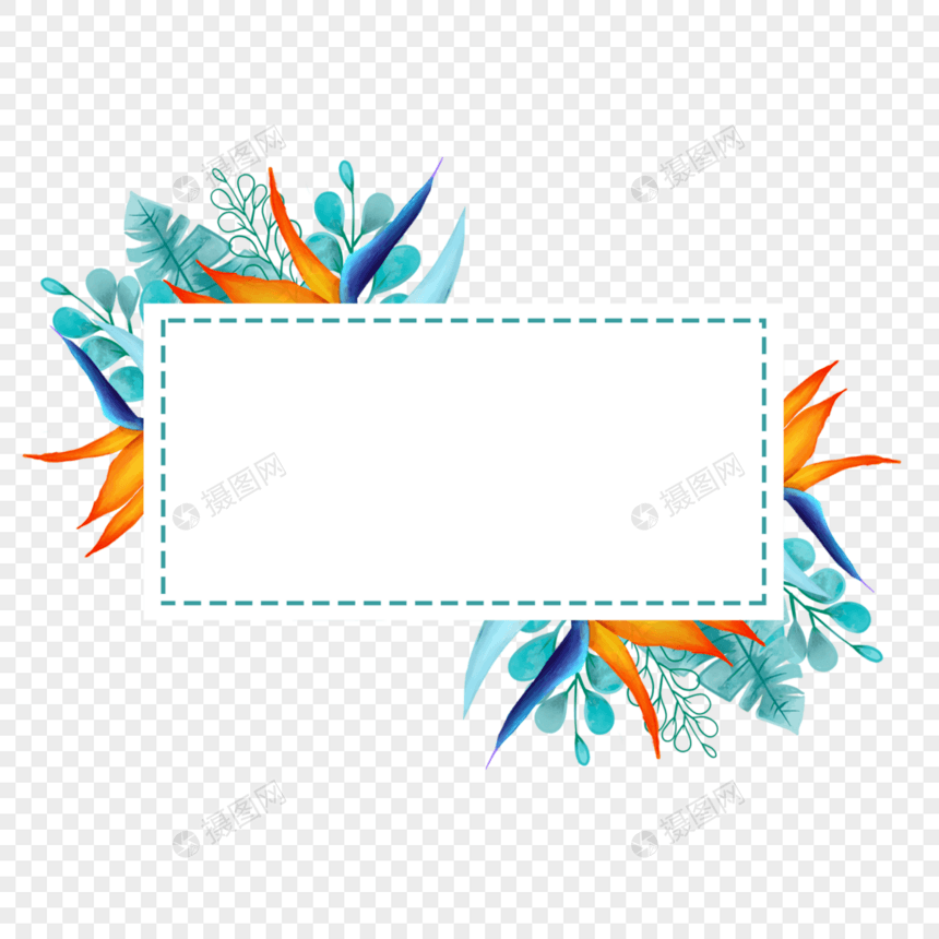 水彩热带树叶鹤望兰长方形边框图片