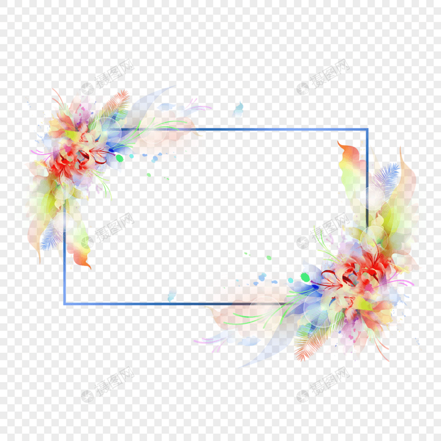 蓝色线条多彩花瓣花卉光效抽象边框图片