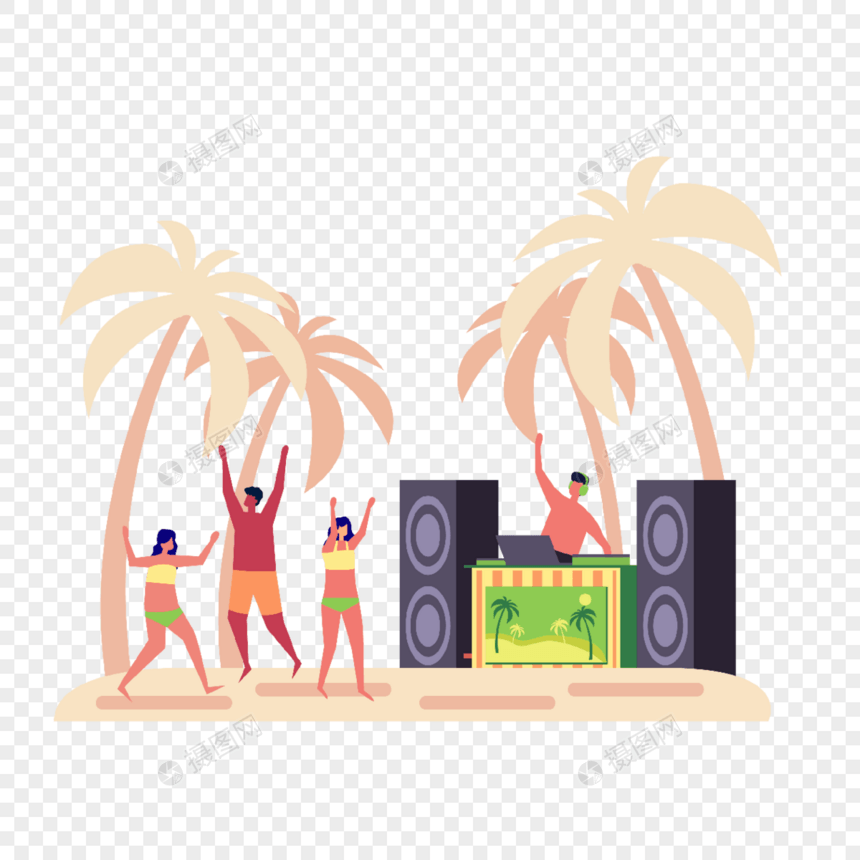 夏季假期旅行沙滩音乐节日派对概念插画图片