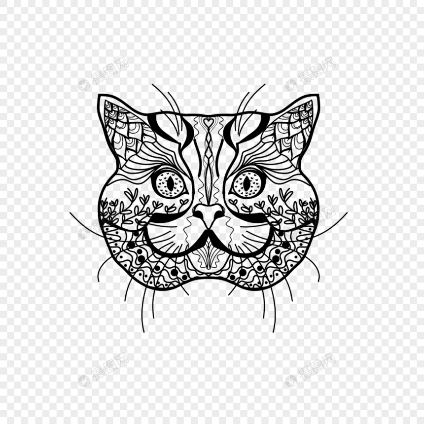 单色线条画可爱猫咪图片