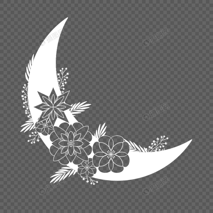 白色月亮和花卉剪影画图片
