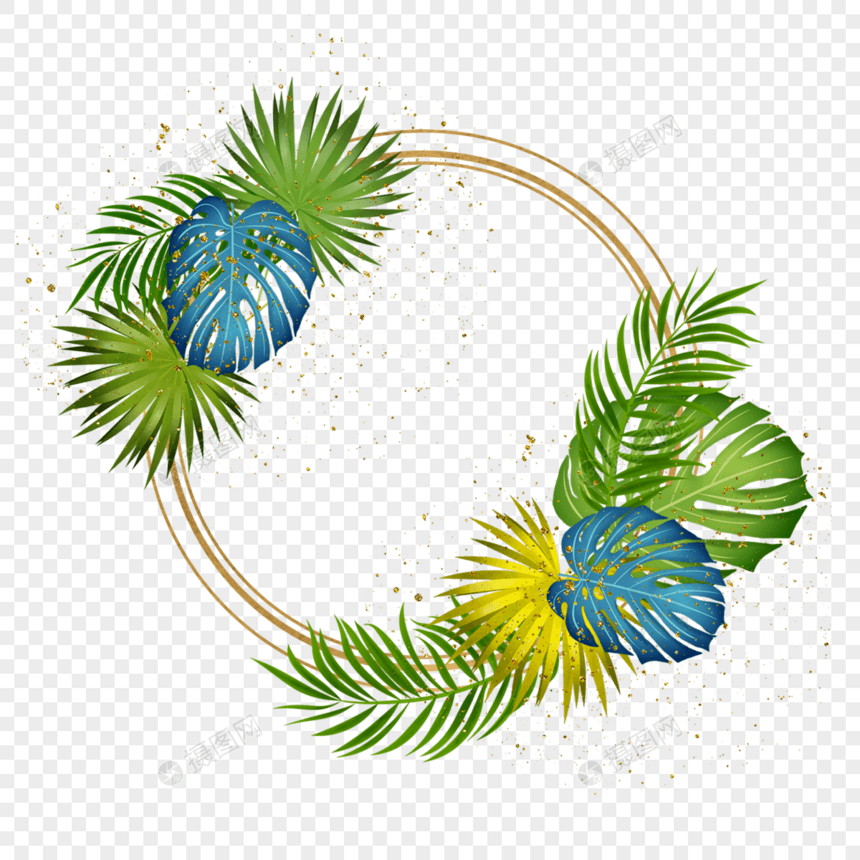 多彩夏季棕榈叶金线边框图片