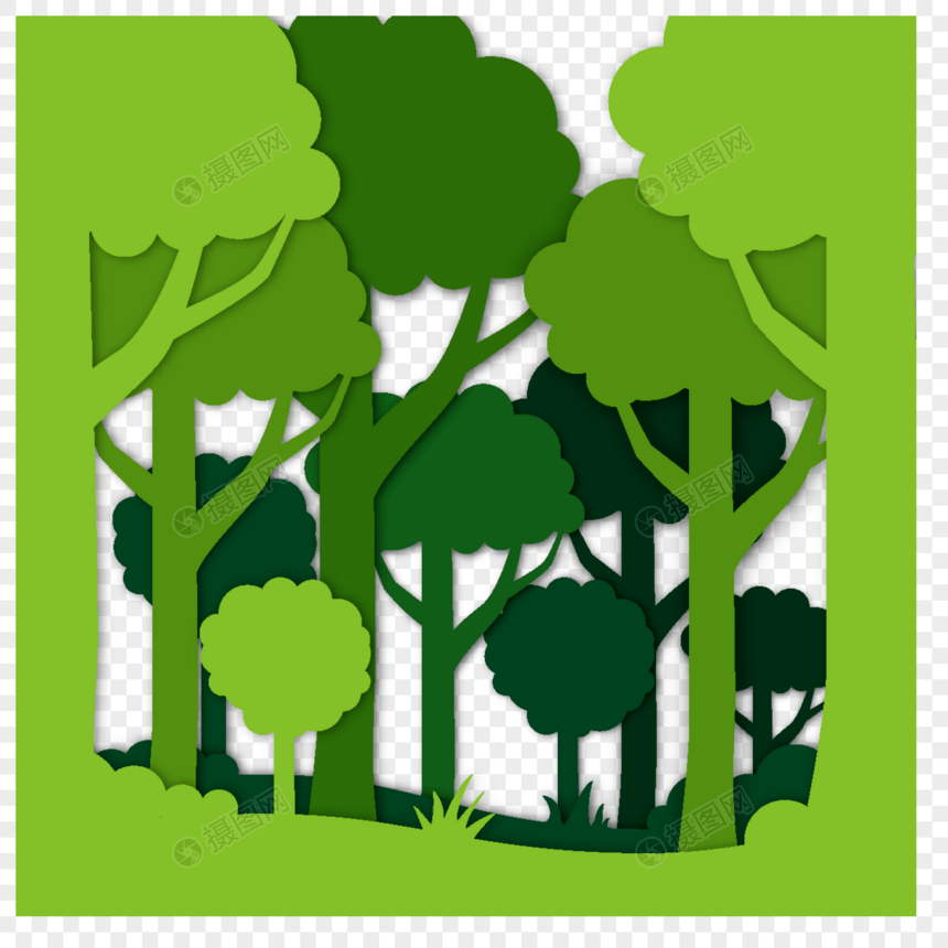 绿色树木剪纸风格夏天风景图片