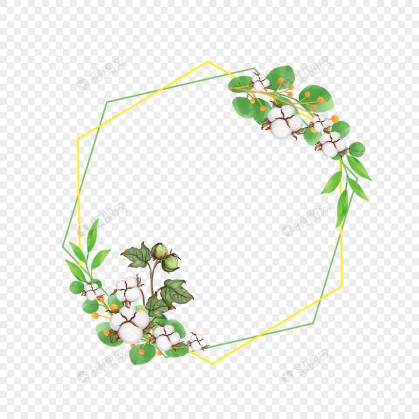 棉花水彩花卉黄绿色边框图片