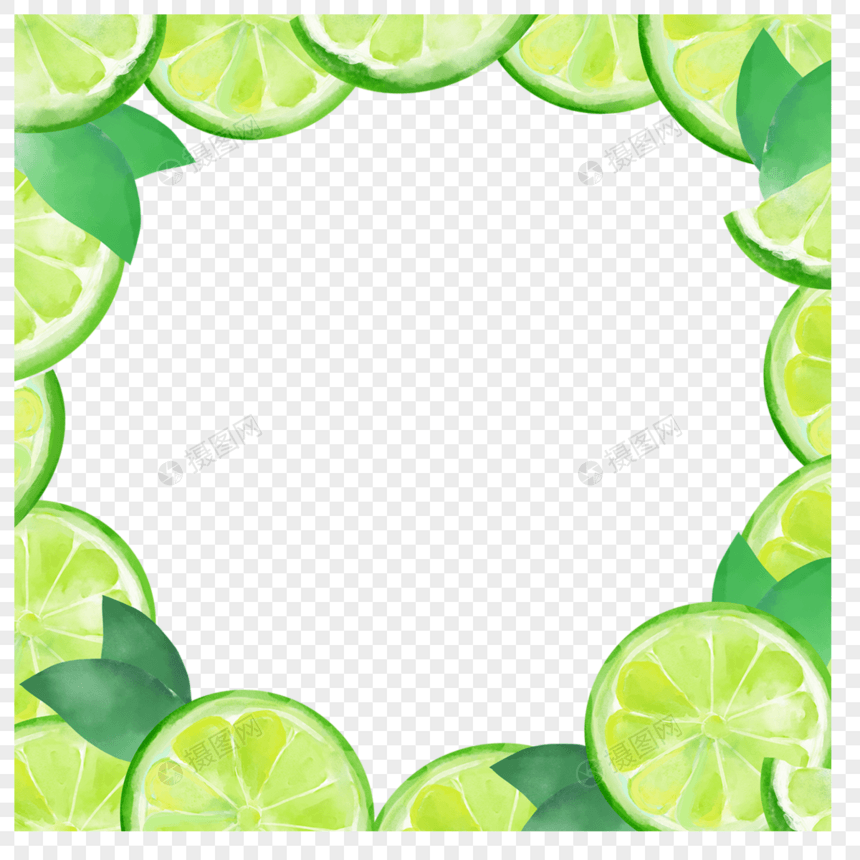 切开的绿色柠檬水果水彩边框图片