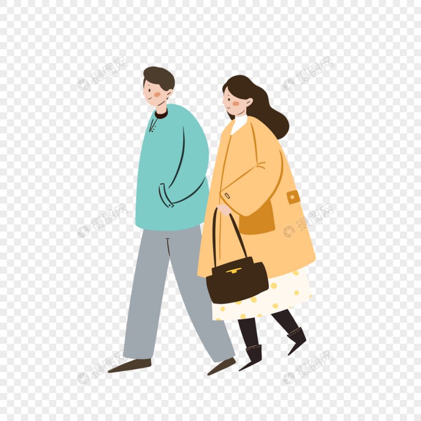 春季旅游散步的情侣插画图片