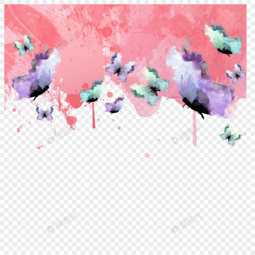 粉色水彩颜料滴落蝴蝶边框图片