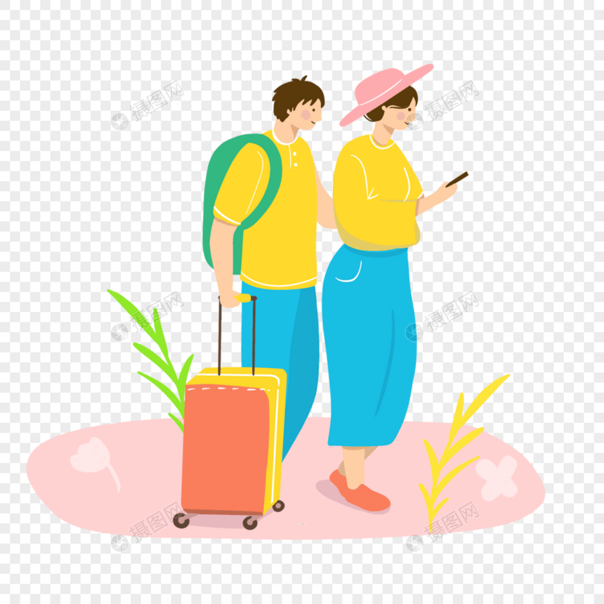 春季郊游插画提着旅行箱的情侣图片