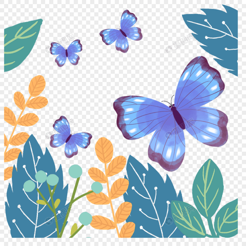 蓝色蝴蝶美丽树叶春季插画图片
