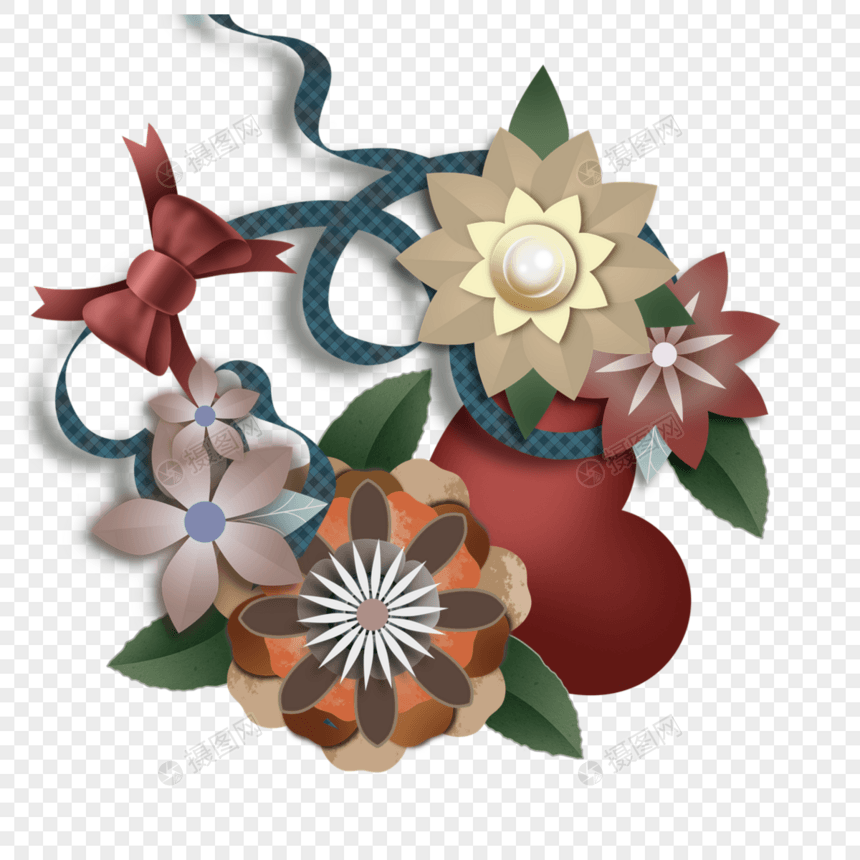 亚麻花卉装饰格纹丝带图片