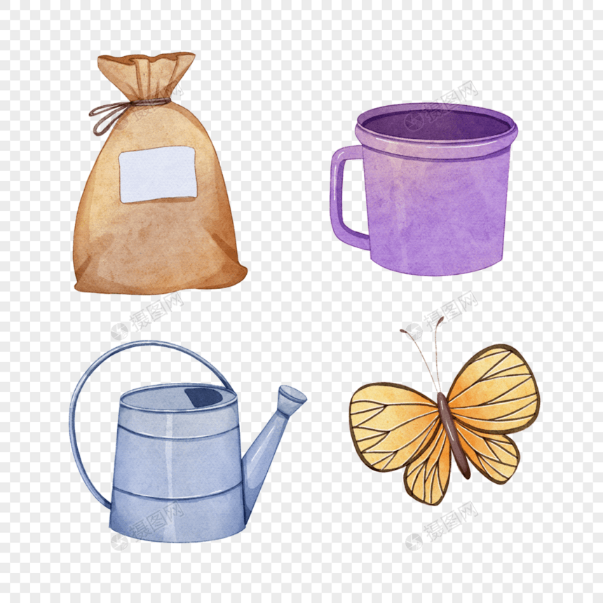 园艺用品水壶和蝴蝶水彩图片