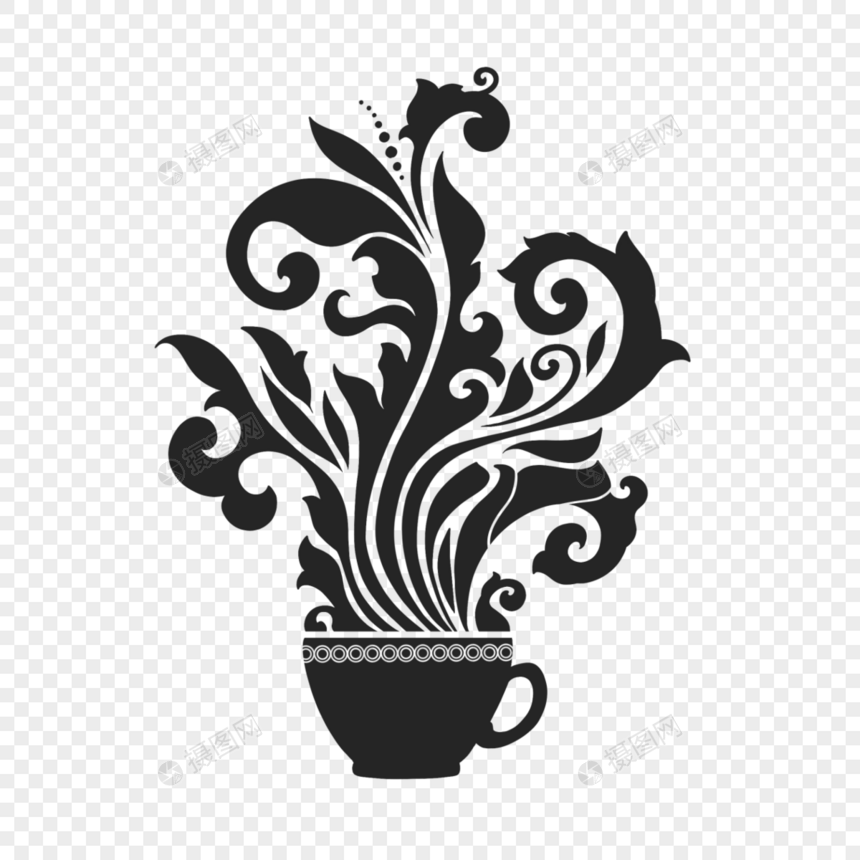 咖啡花艺剪影抽象黑白图片