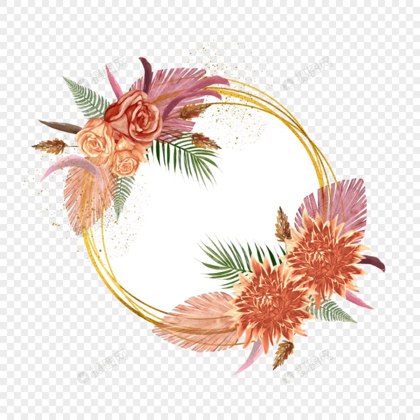 干花花卉婚礼水彩金色圆环边框图片