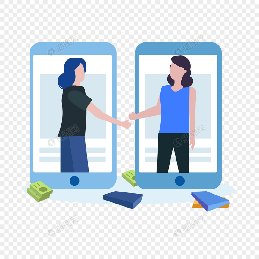 商务人士全球化在线握手扁平风格图片