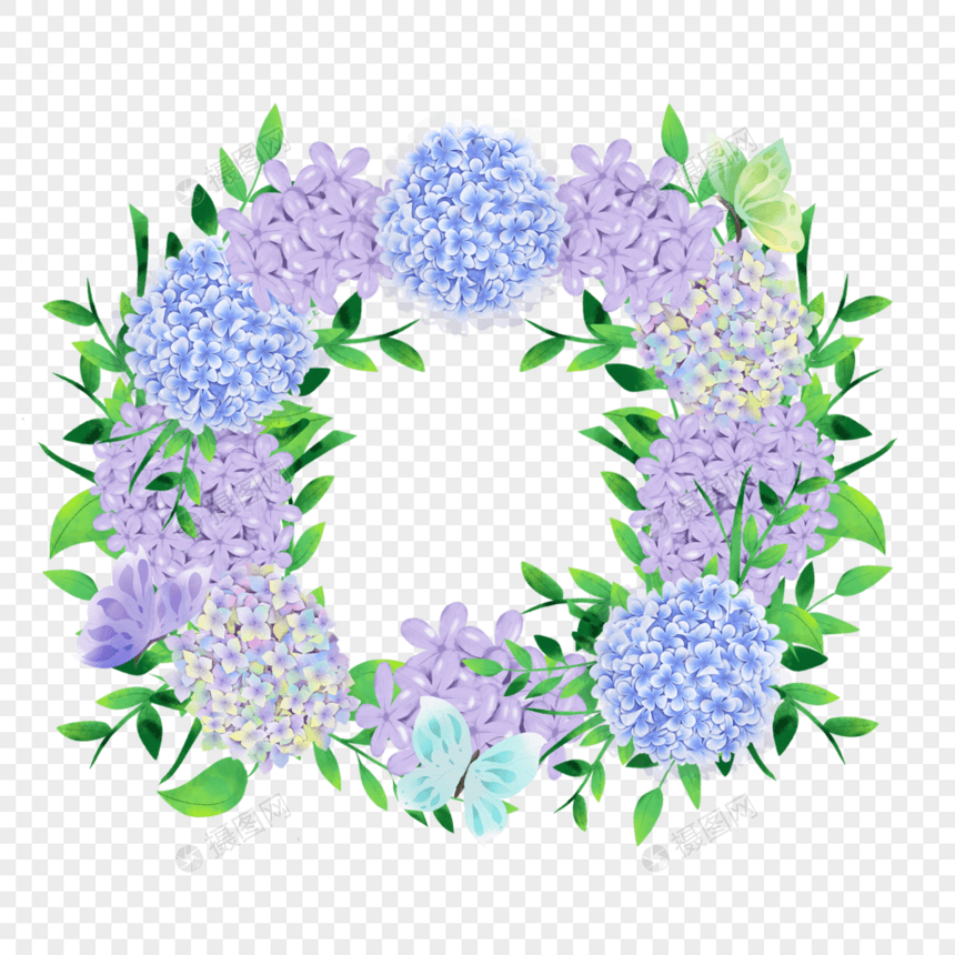 绣球花卉水彩蝴蝶紫色边框图片