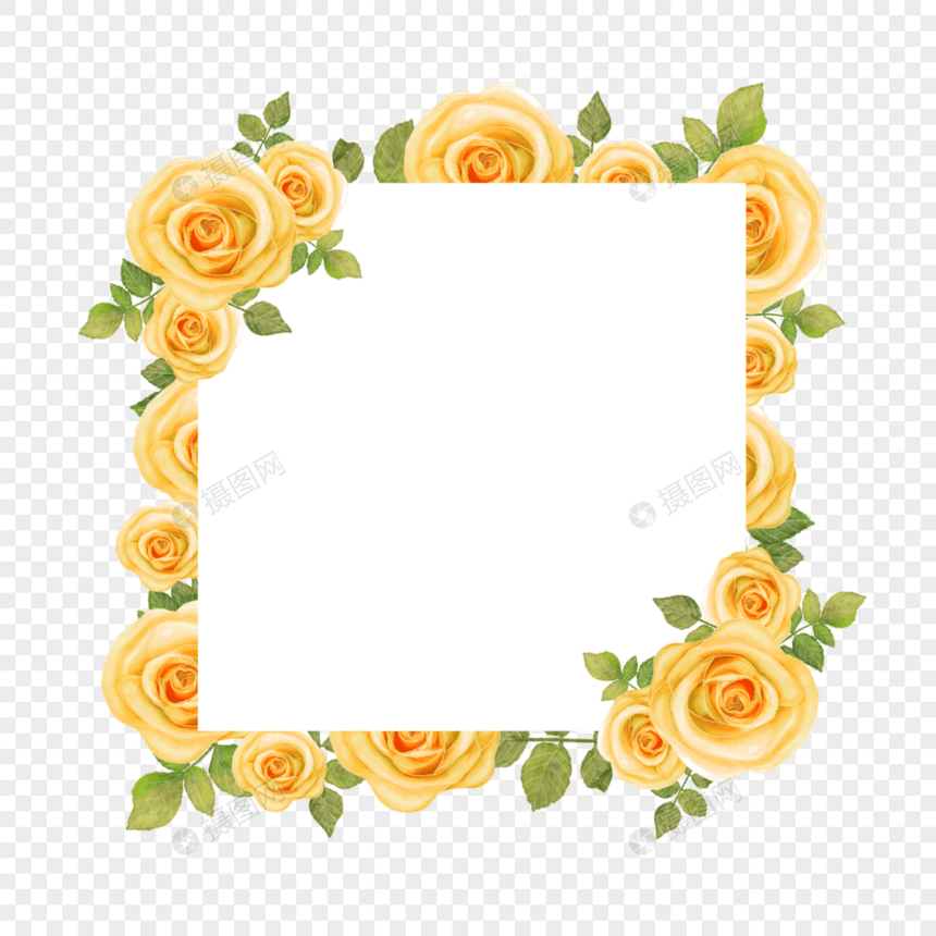 黄玫瑰边框植物叶子水彩婚礼图片