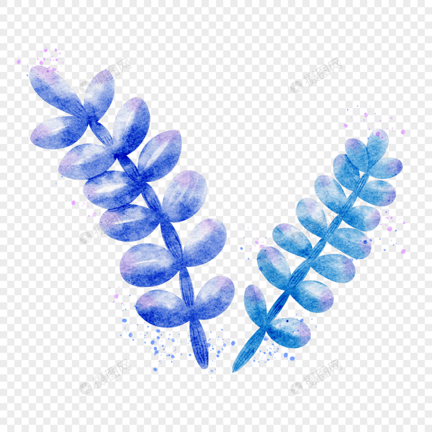 蓝色系复古水彩植物图片