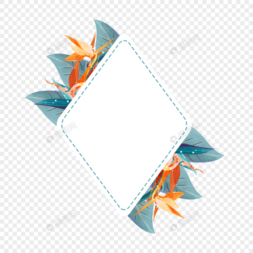 水彩热带树叶鹤望兰蓝色边框图片