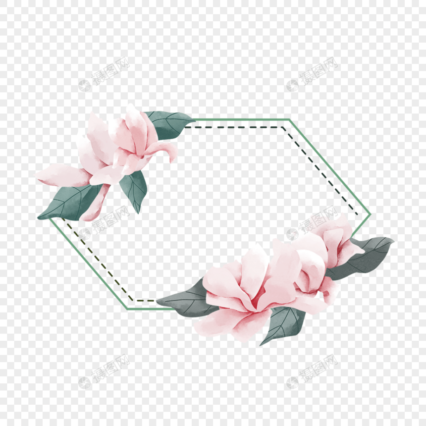 几何水彩玉兰花卉边框图片