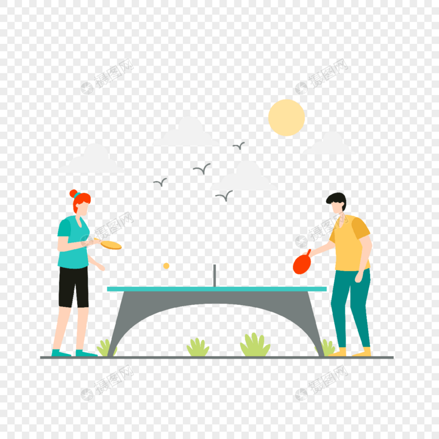 乒乓球运动插画室外草地打乒乓球的人图片