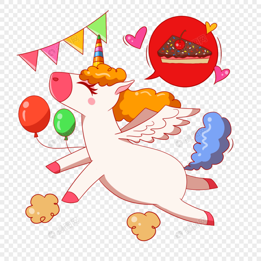 卡通可爱飞翔的独角兽和蛋糕食物图片