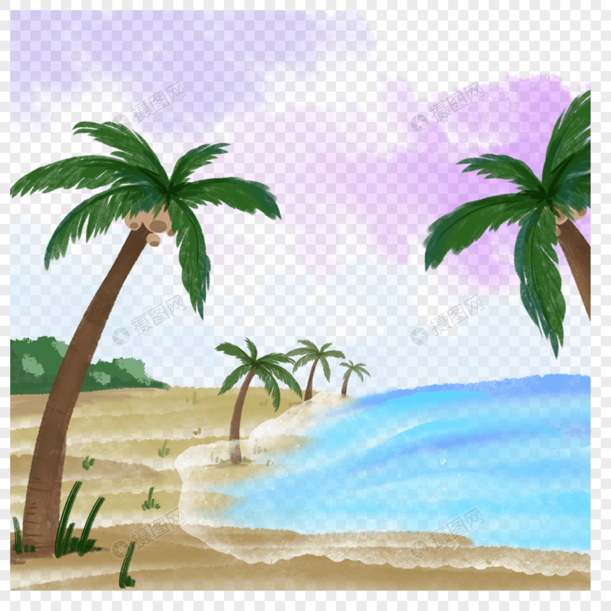 椰子树水彩风格海边景色图片