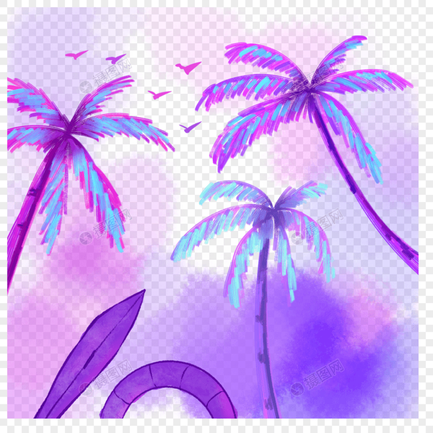 水彩风格海边景色紫色椰子树图片