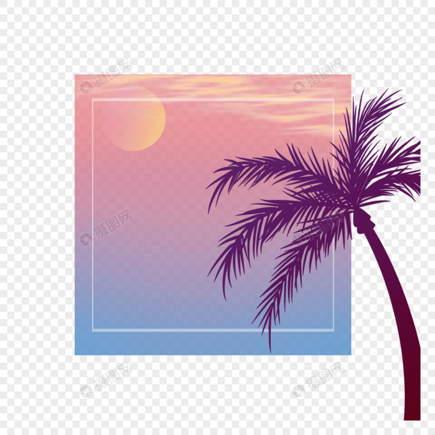 黄昏阳光照射下的椰树夏季夜晚边框图片