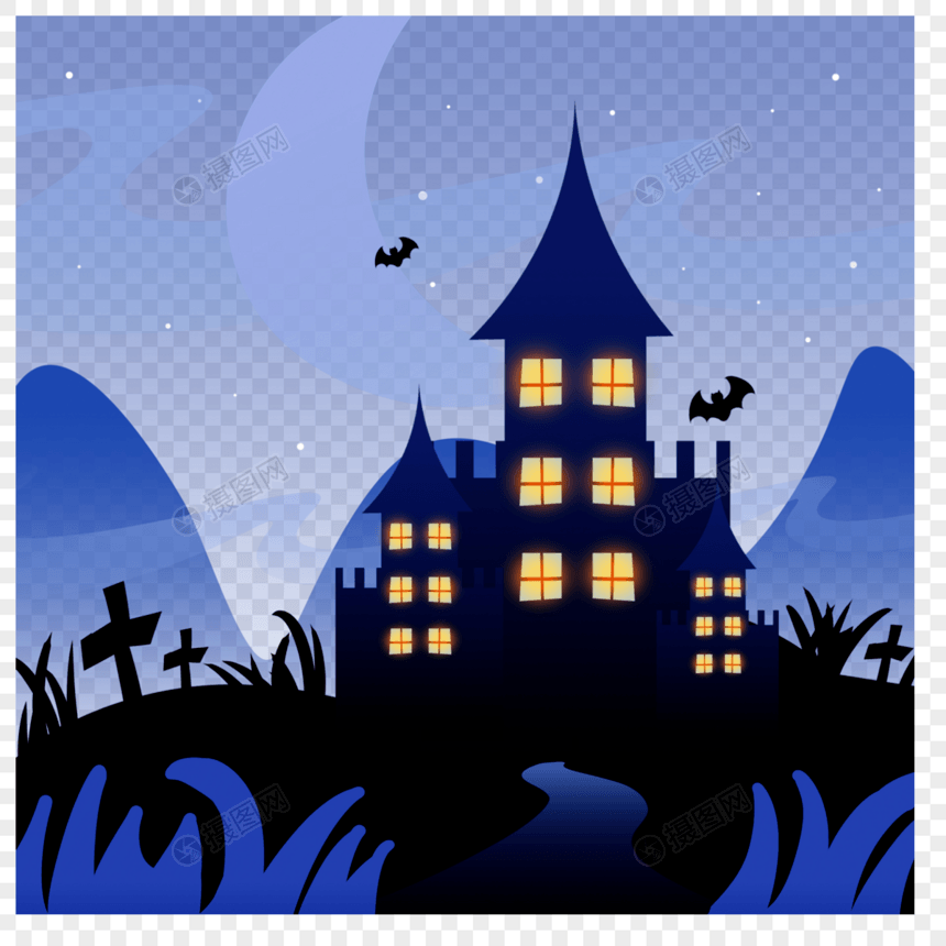 万圣节蓝色月夜黑色城堡鬼屋图片