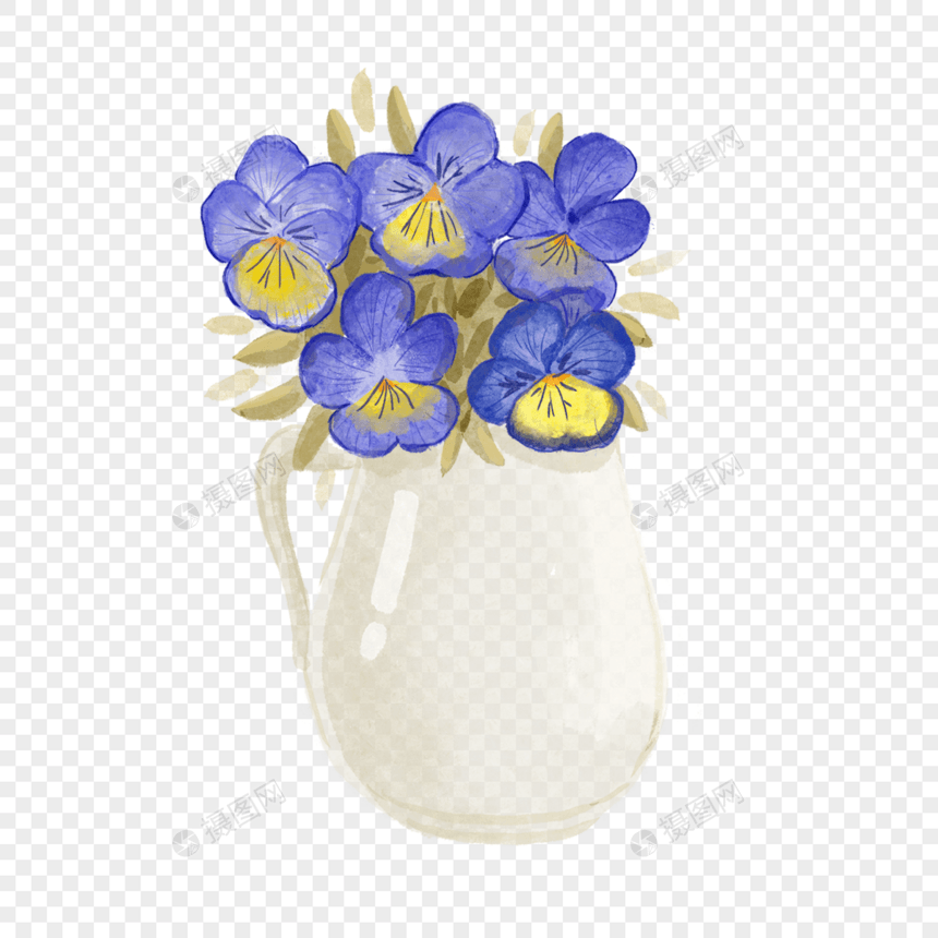 三色堇水彩风格花瓶里的图片