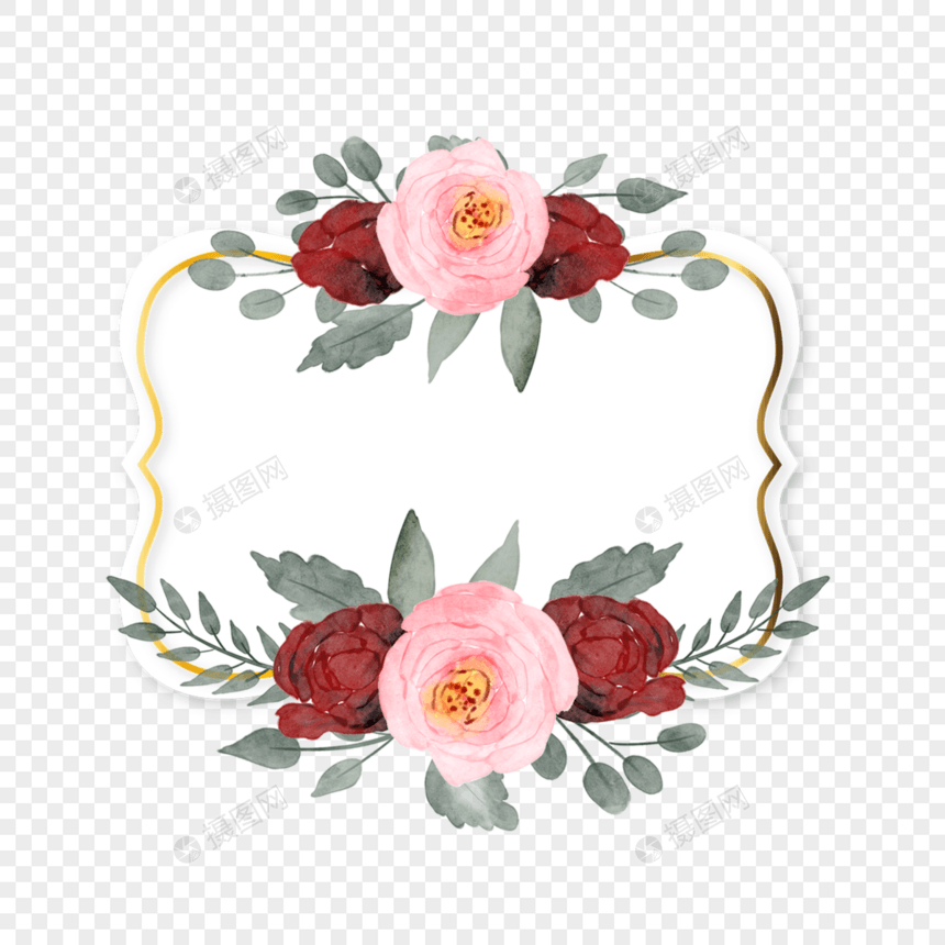 勃艮第玫瑰婚礼水彩金色边框图片