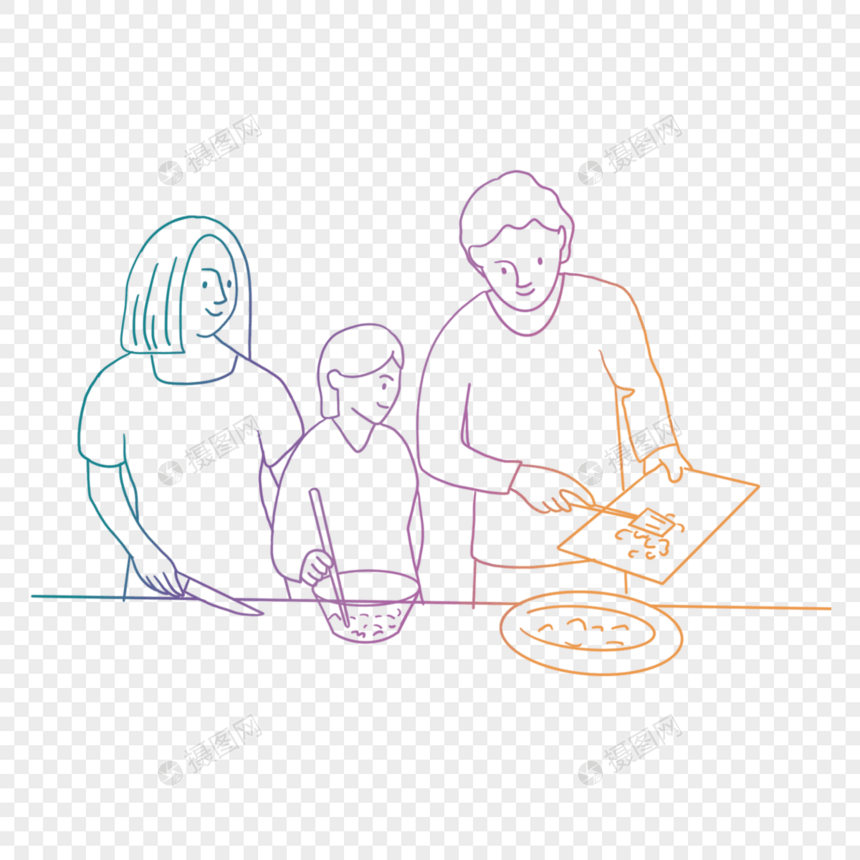 彩色线条画商务合作一家子做饭图片