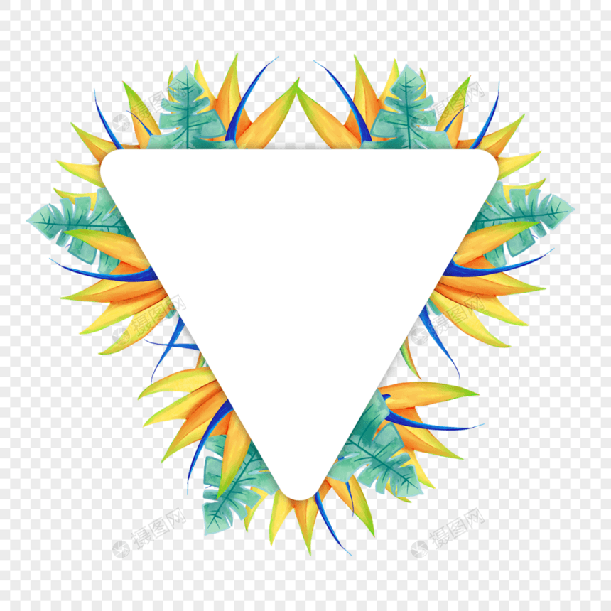 水彩热带树叶鹤望兰花卉三角形边框图片