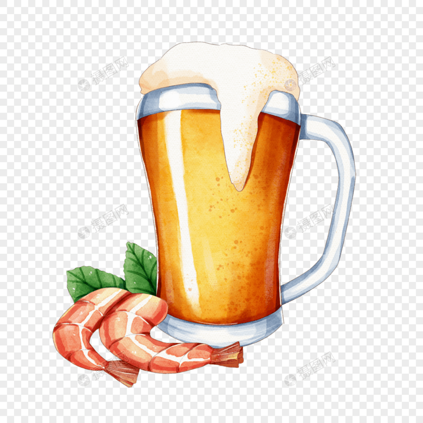 水彩啤酒和虾仁图片