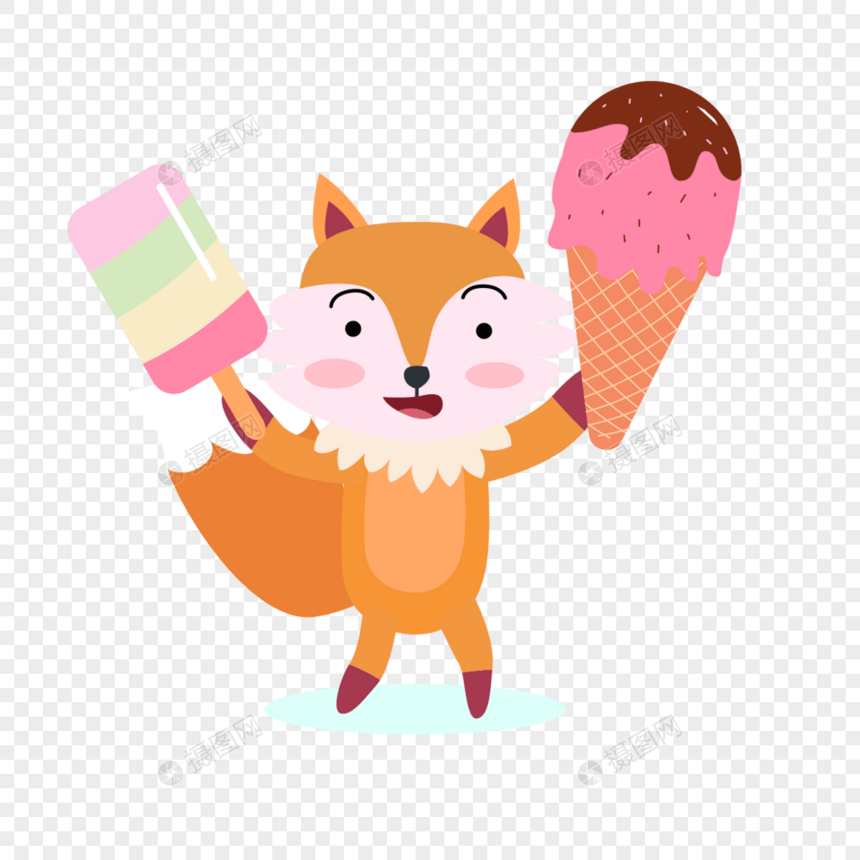 卡通狐狸手拿雪糕冰淇淋扁平风格可爱动物图片