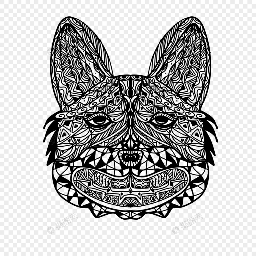 黑色线条大耳朵抽象狗狗肖像禅绕画zentangle图片