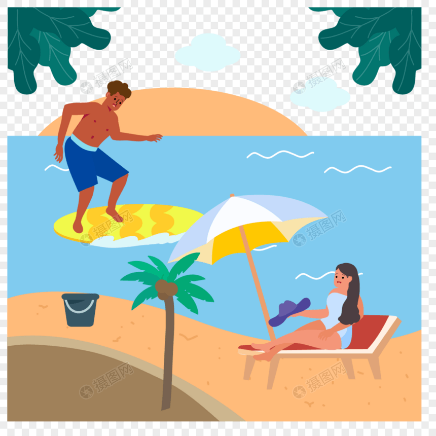 黄色冲浪板夏季海边人物插画图片