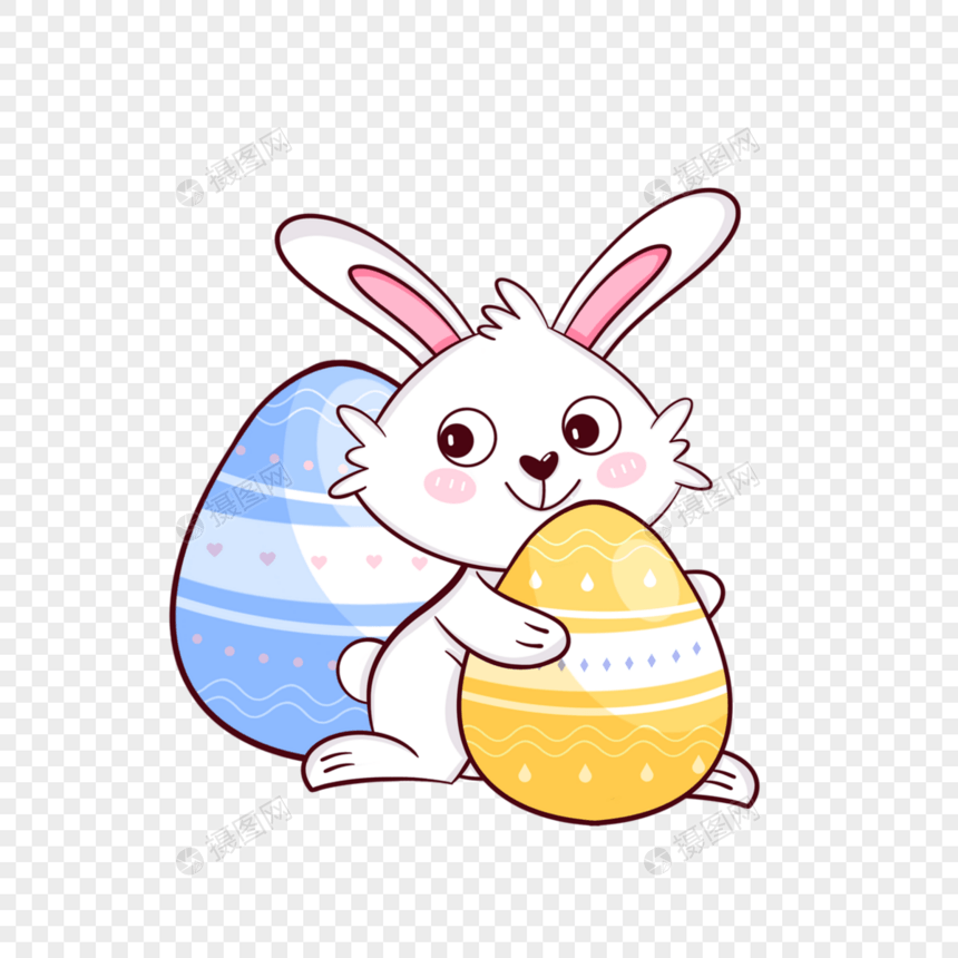 复活节卡通可爱兔子和蓝色黄色彩蛋图片