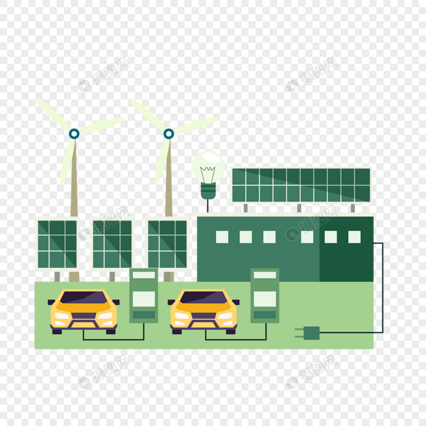 太阳能电池板充电汽车环保绿色能源概念插画图片