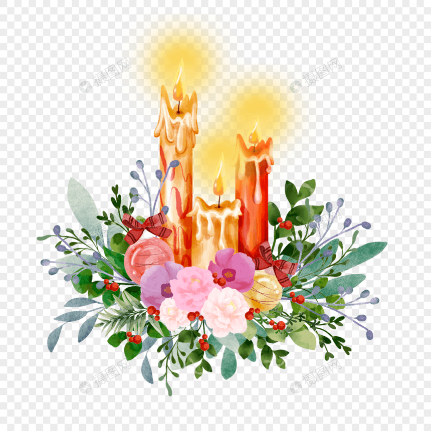 圣诞水彩蜡烛花卉氛围装饰图片