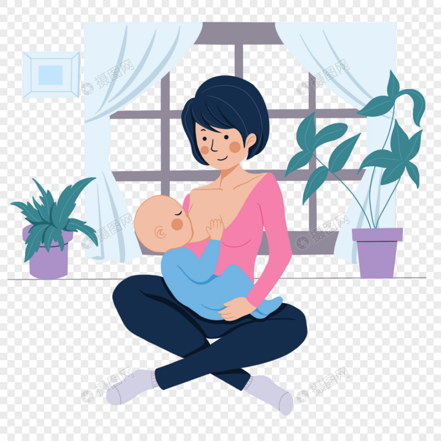房子里的母亲母乳喂养婴儿的温暖画面插画图片